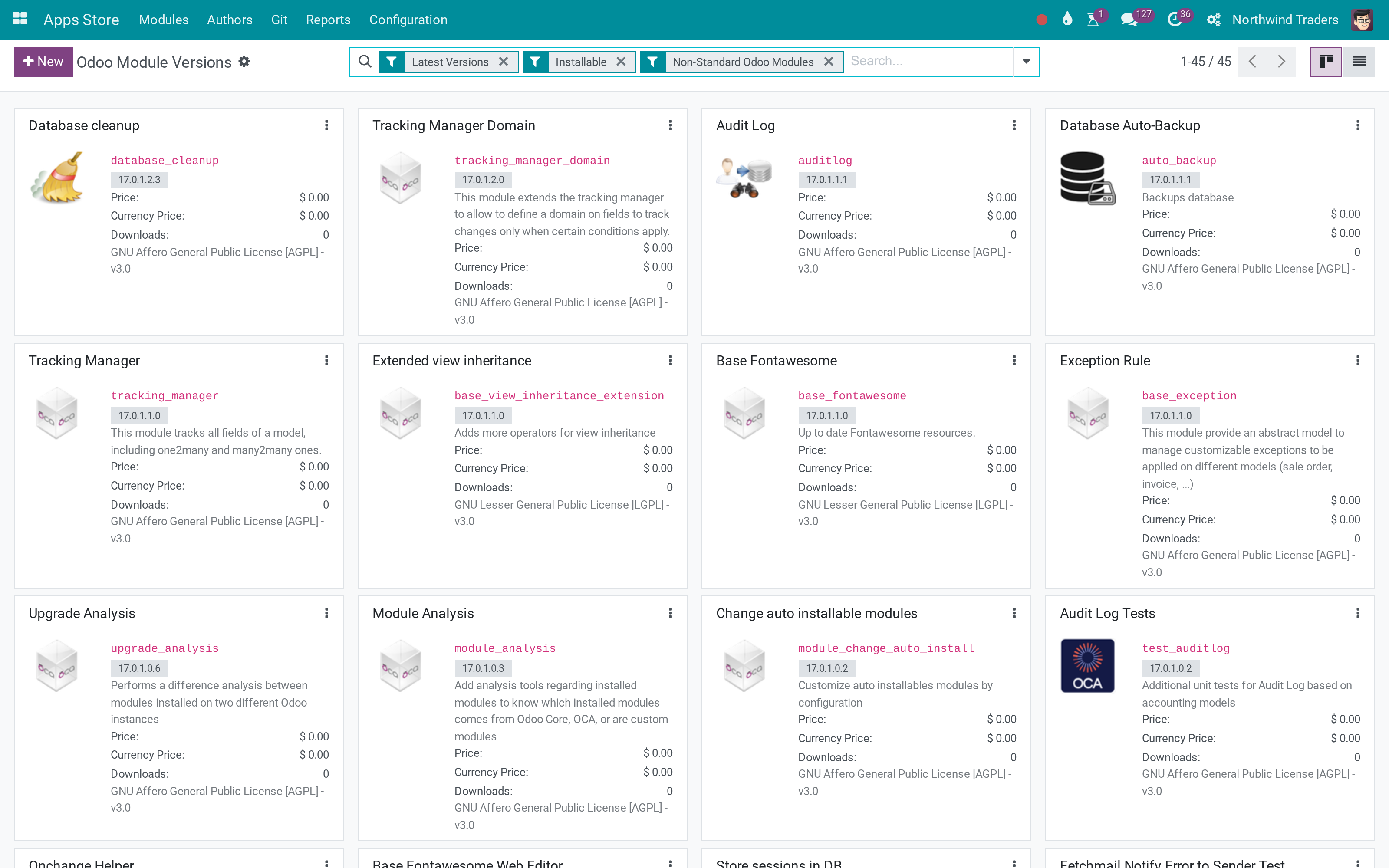An apps store back office: modules discovered from git, versioned, priced, downloadable