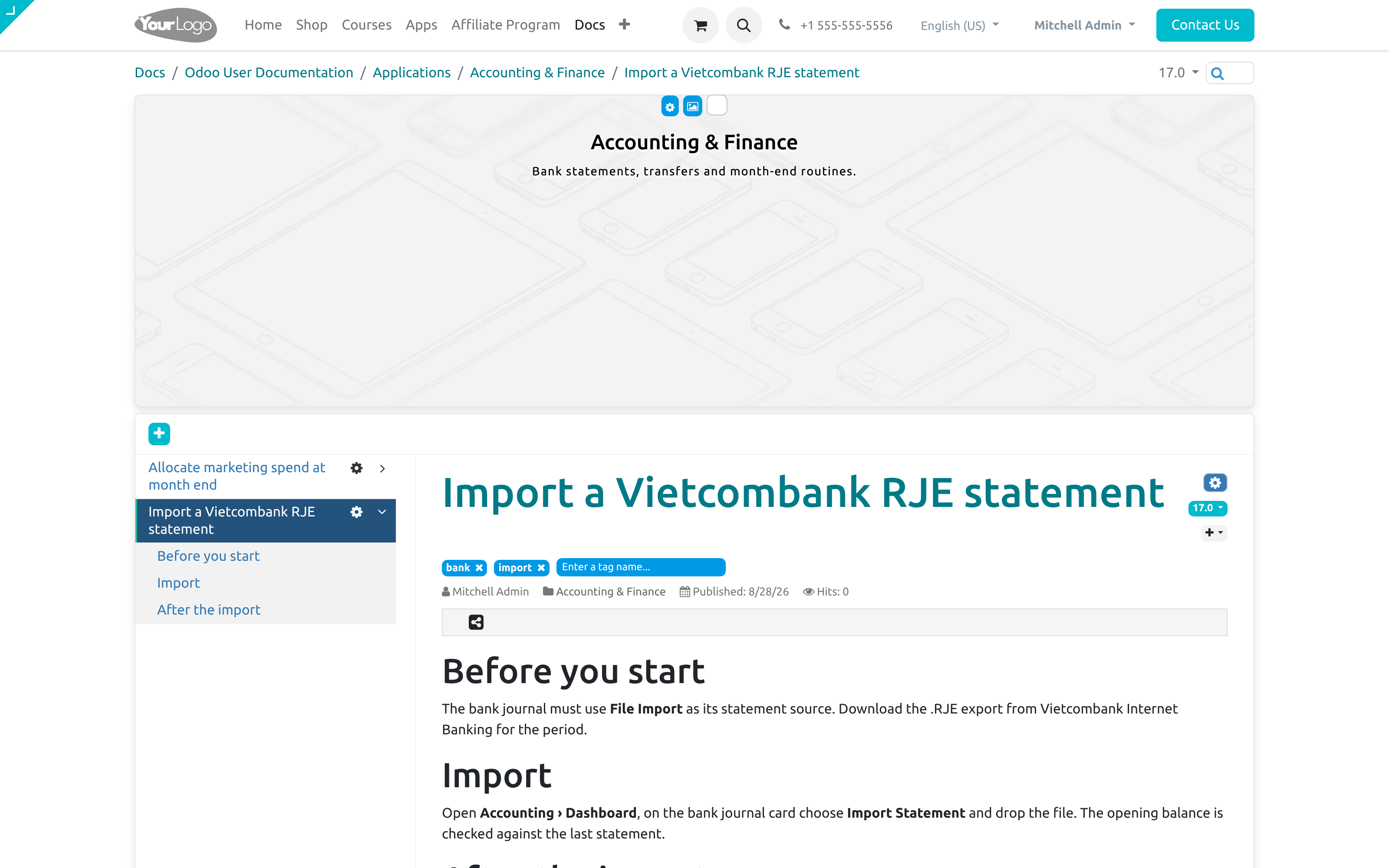 A documentation site: subjects, sections, categories, documents, versions of content