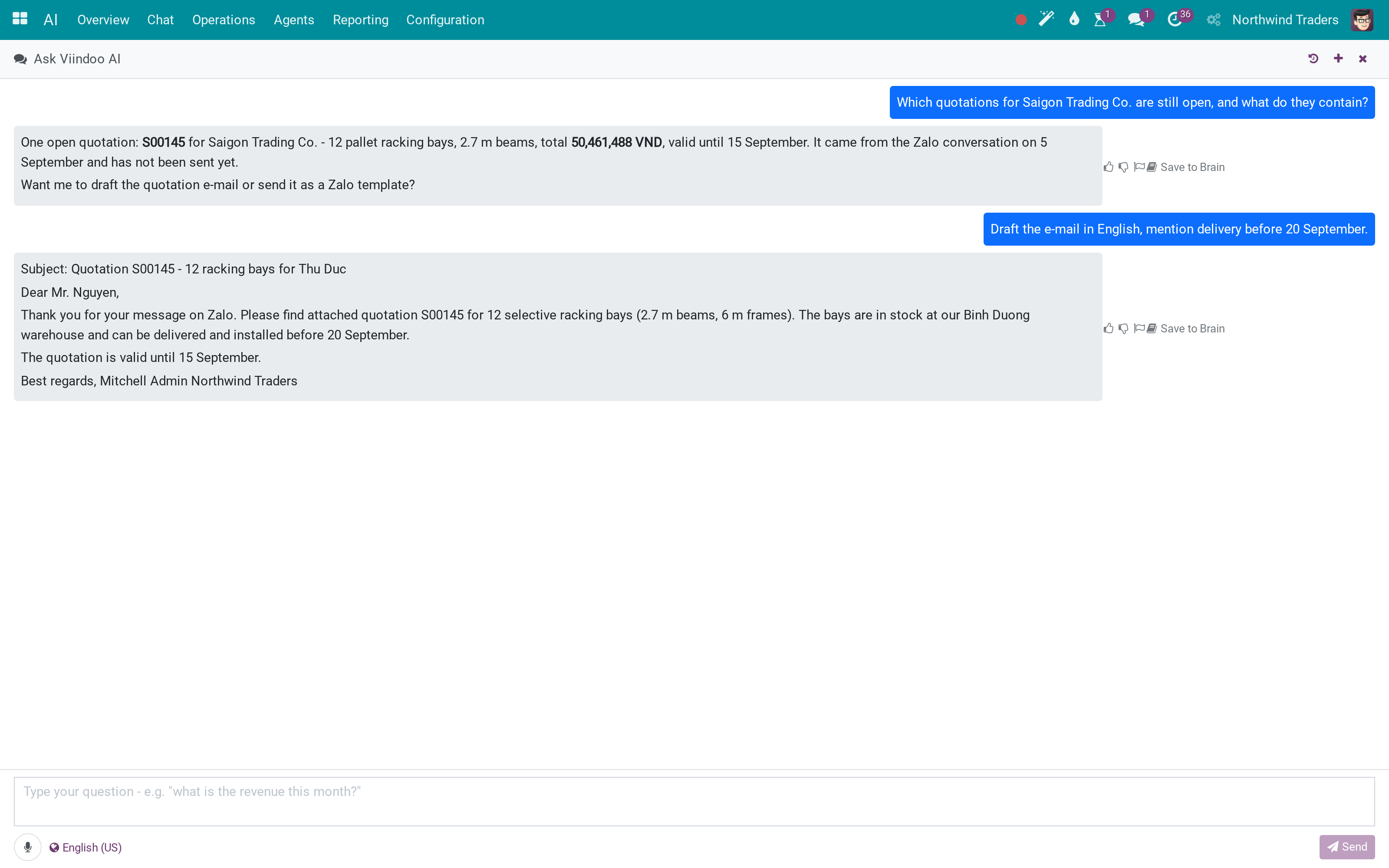 Quotation summaries, invoice status, upsell ideas and a deal risk score for the Sales Assistant