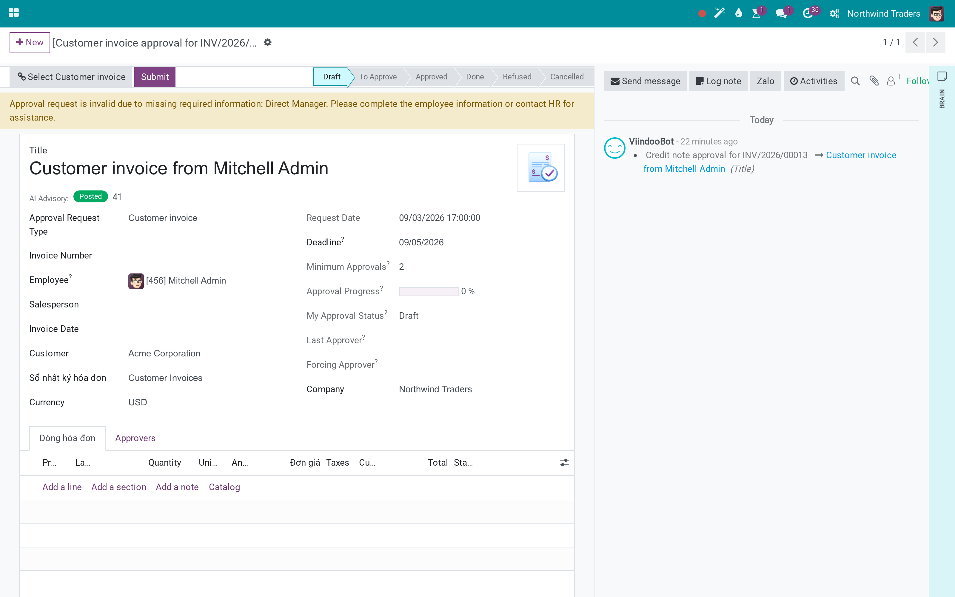 Viindoo AI - Approval Account Advisory: Risk advisory on invoice and payment approvals, and a one-step payment match