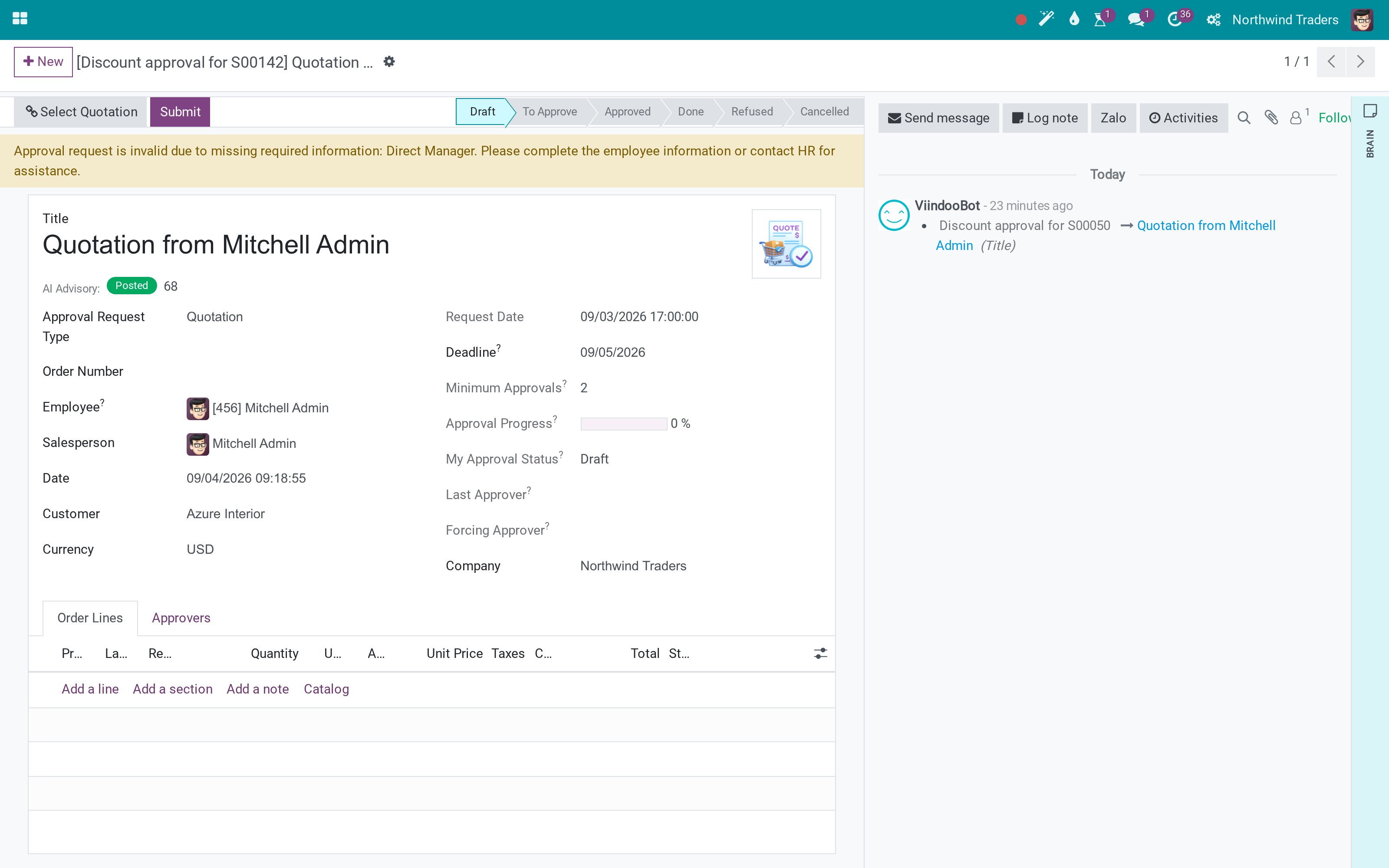 Viindoo AI - Sale Approval Advisory: AI risk advisory on sale quotation approval requests