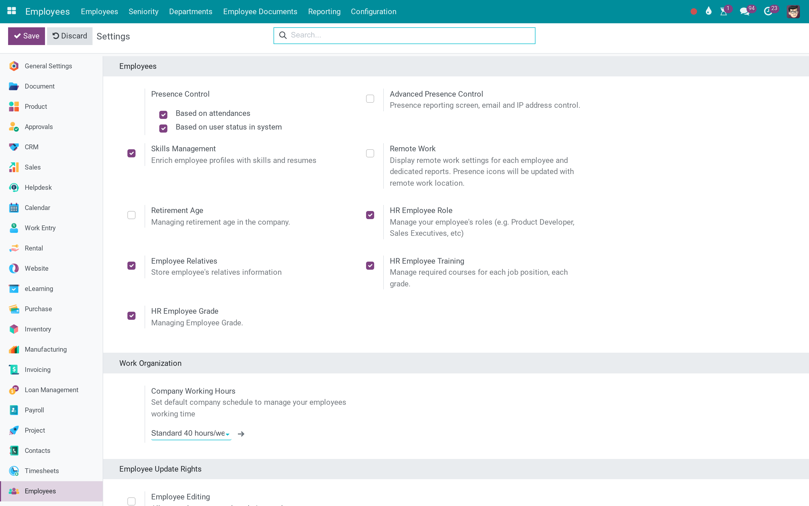 Four HR extensions, switched on from the Employees settings