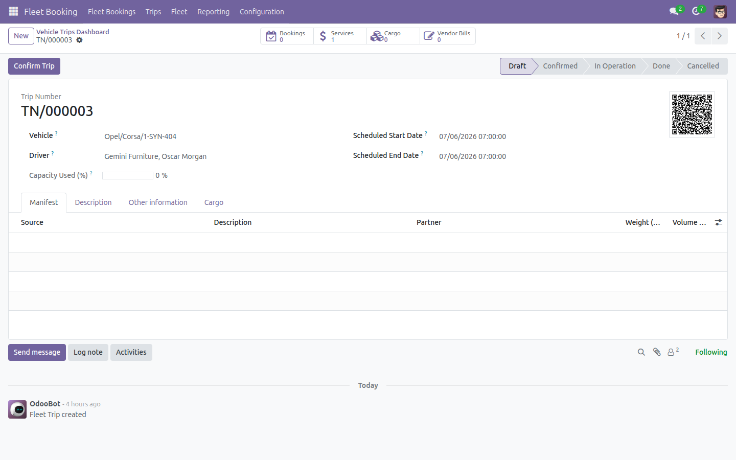 Draft trip form before confirmation, with the Confirm Trip button in the statusbar
