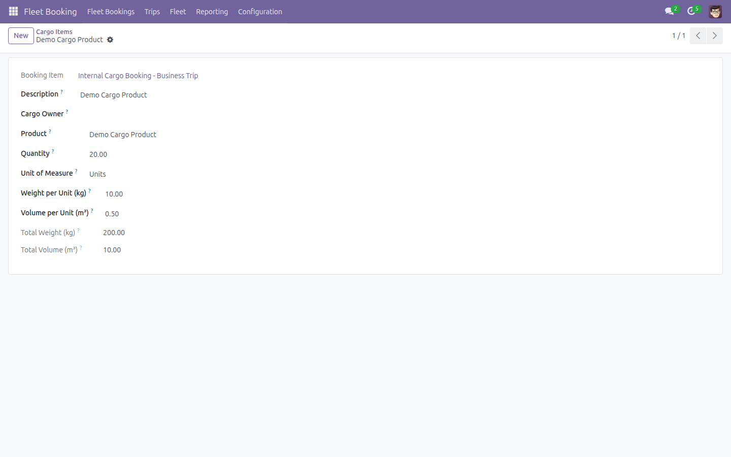 Cargo item form opened from the Cargo Items list