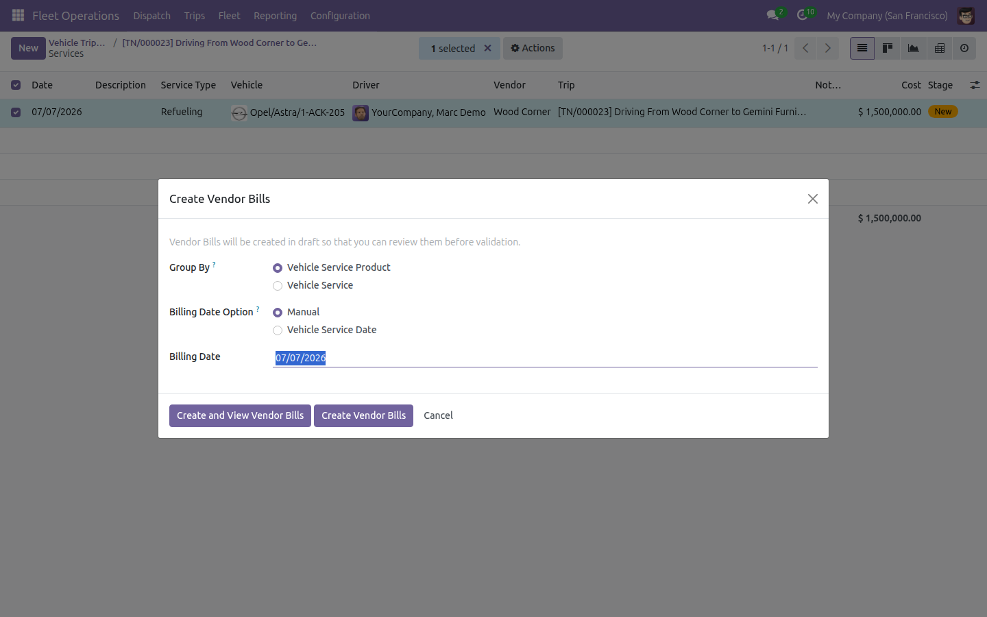 Create Vendor Bills wizard with Group By and Billing Date options