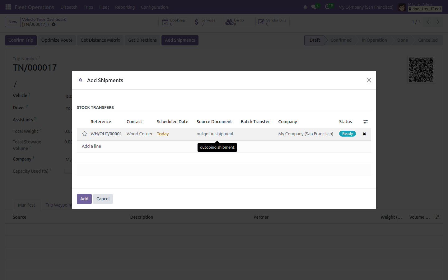 A shipment added to the Transfers list before confirming