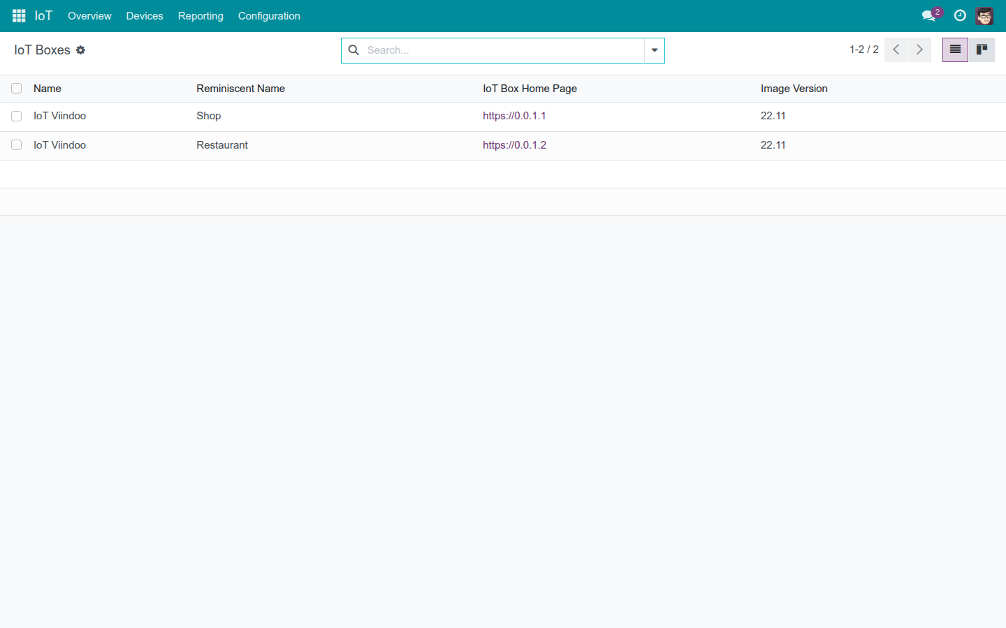 The IoT Boxes configuration list