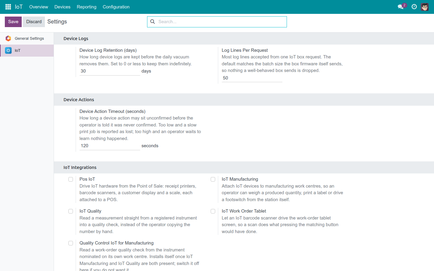 Settings screen switching on the five IoT bridge apps
