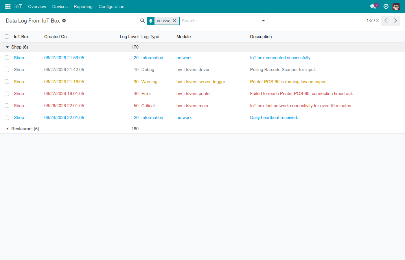 Device Logs list grouped by IoT box, showing Debug, Information, Warning, Error and Critical entries