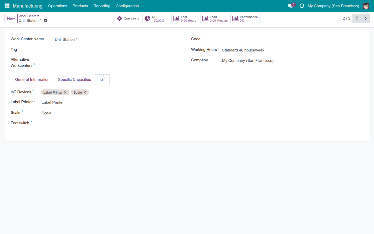 A work center's IoT page with devices attached and nominated