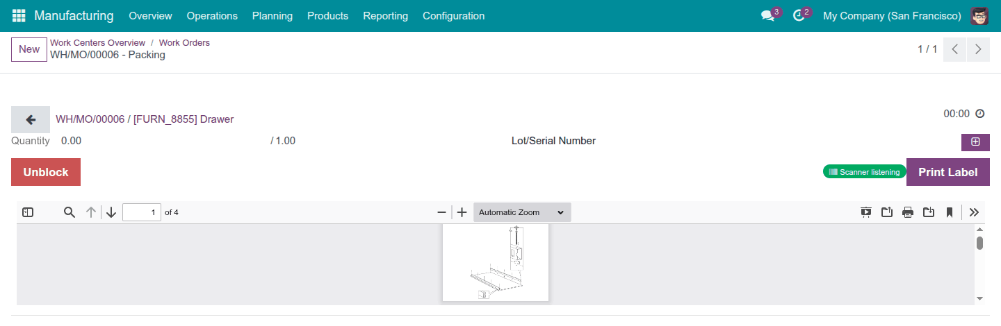 Tablet work order showing the scanner-listening chip and the Print Label button