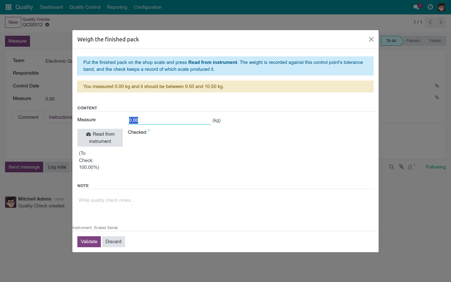 Read from instrument, straight from the quality check dialog