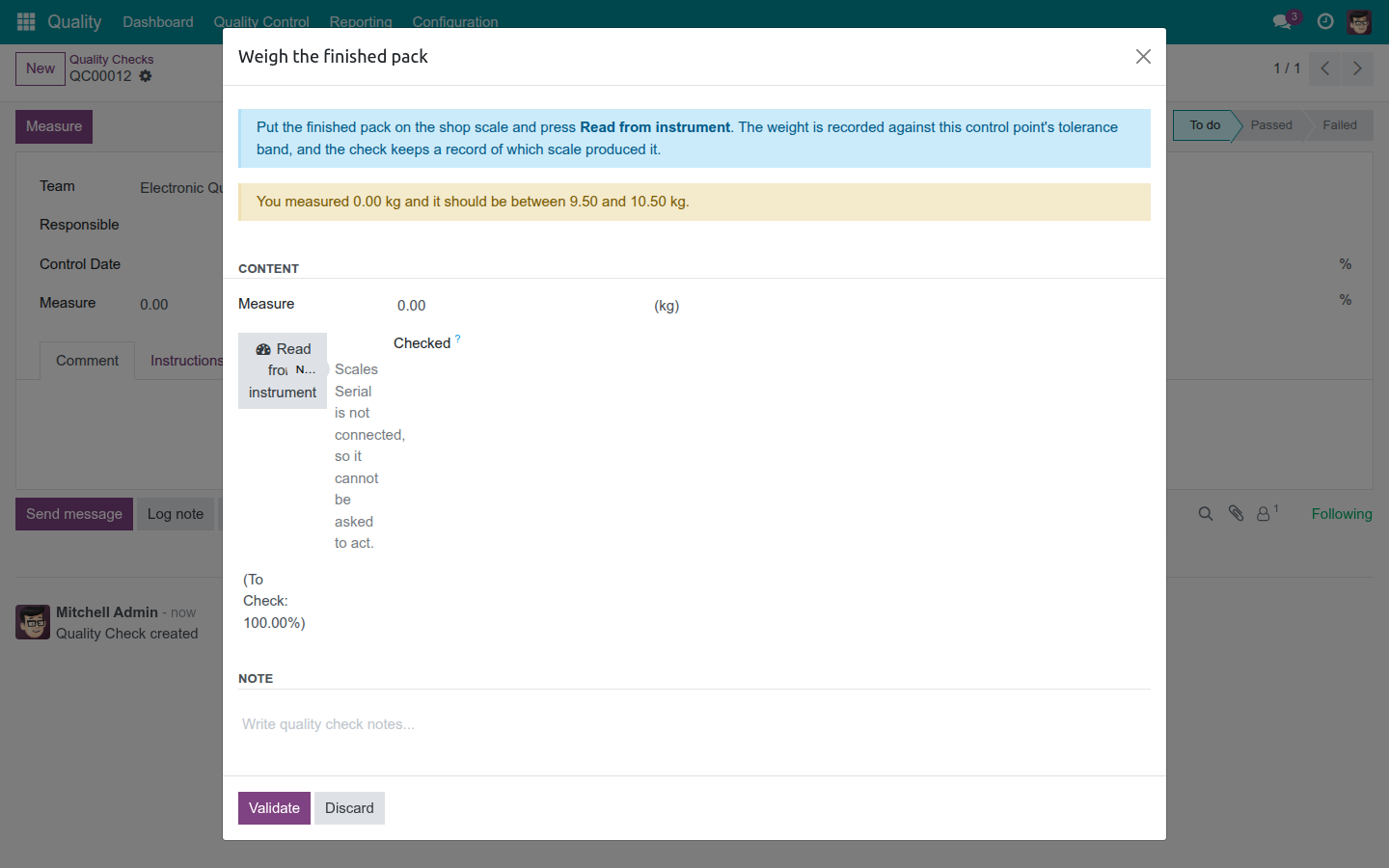 Pressing Read from instrument in the check dialog
