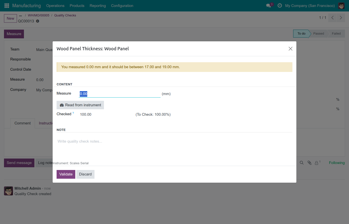 A quality check's measurement dialog (IoT Quality's own screen) showing the Instrument field already resolved to Scales Serial - the scale nominated on the work order's own work center, not the control point's instrument