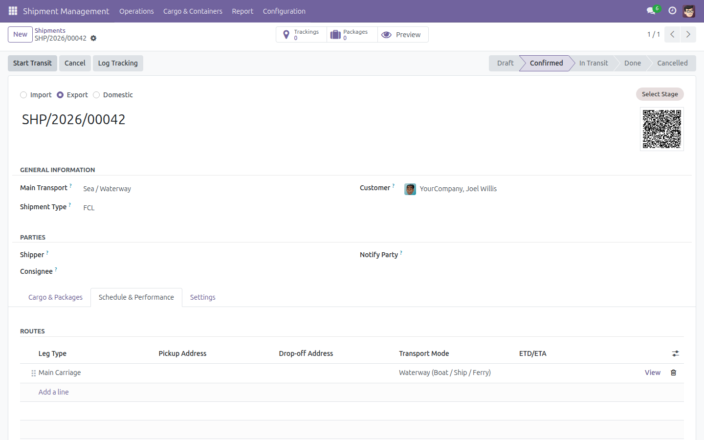 Shipment sau khi nhấn Confirm, chuyển sang trạng thái Confirmed