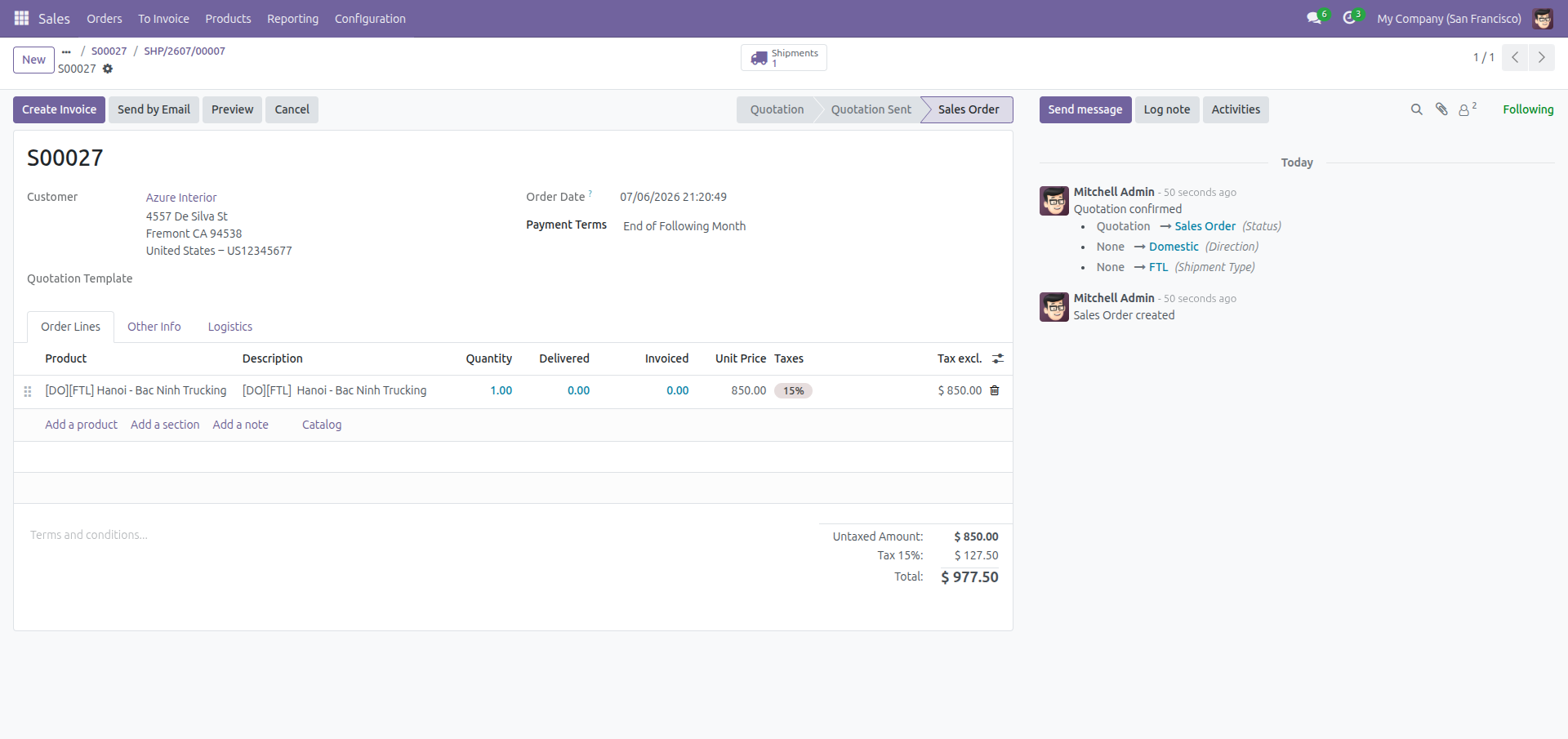 Back on the sales order after following the Sale Orders button from the shipment
