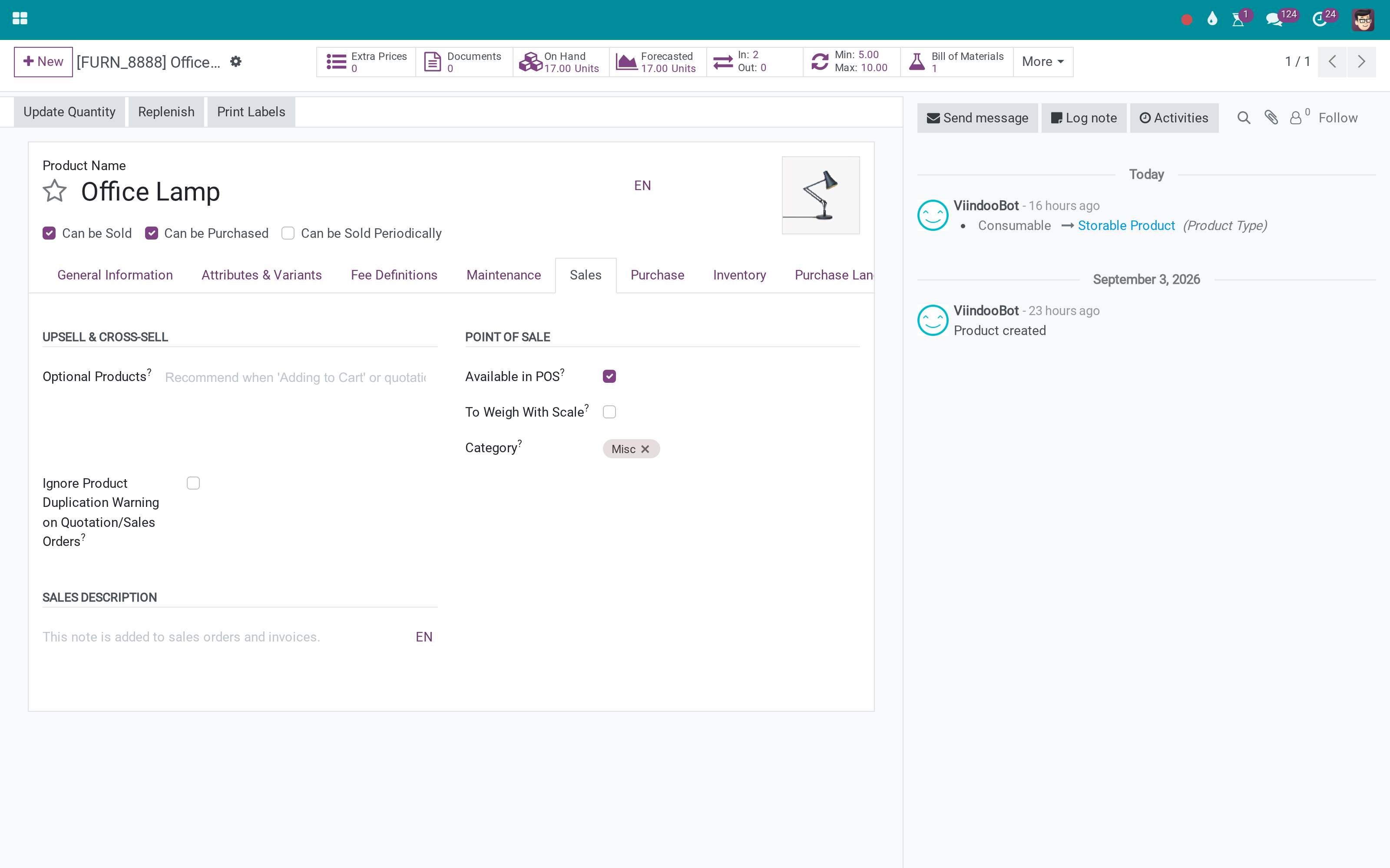 Product form, Sales tab