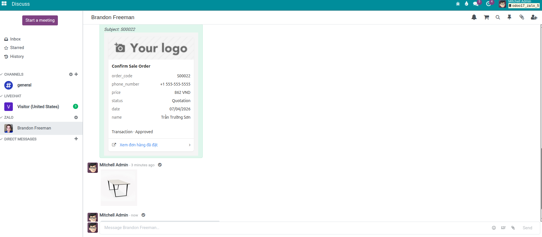 Chat Zalo OA trong Discuss