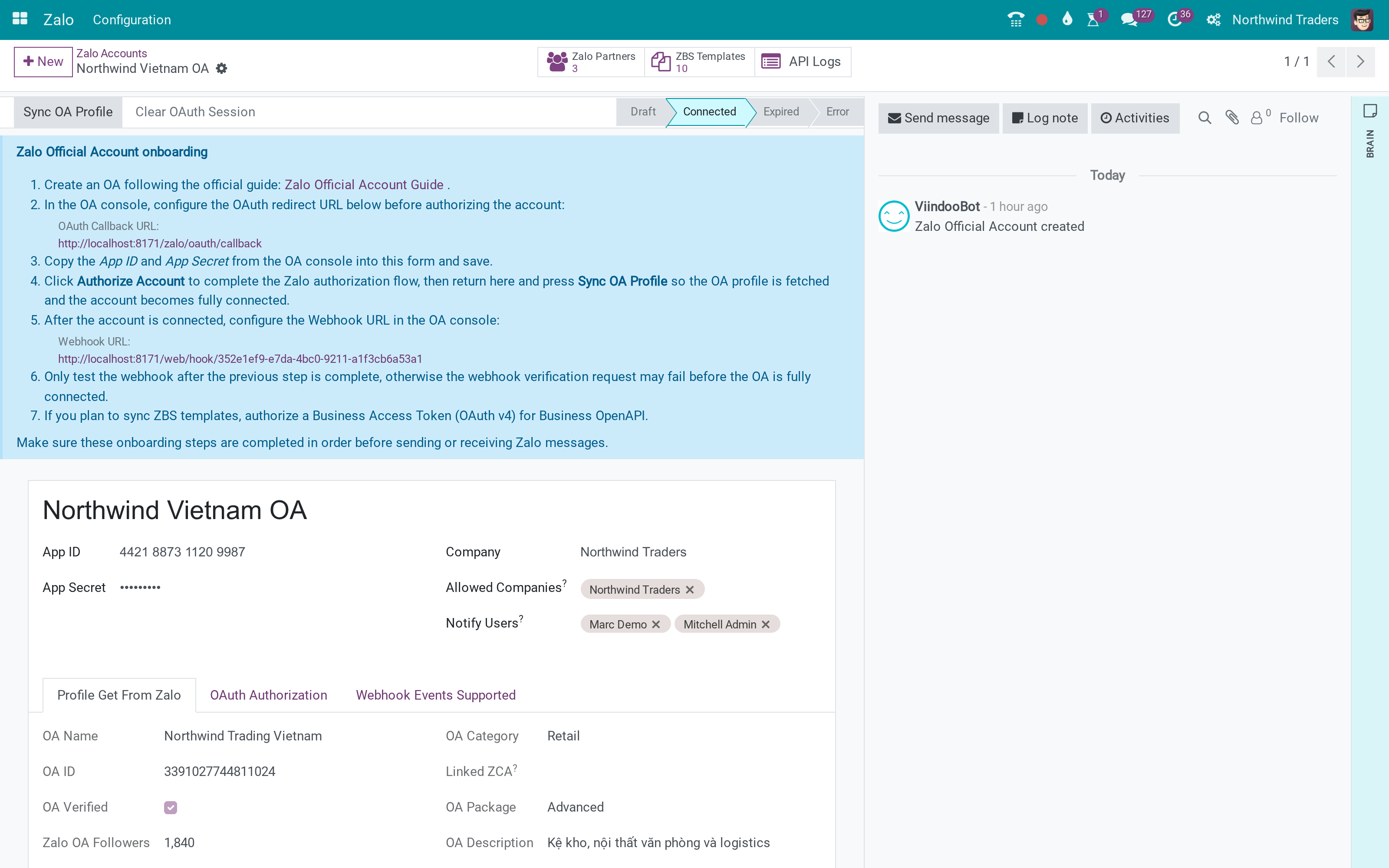 Zalo Official Account conversations inside Discuss, followers linked to contacts