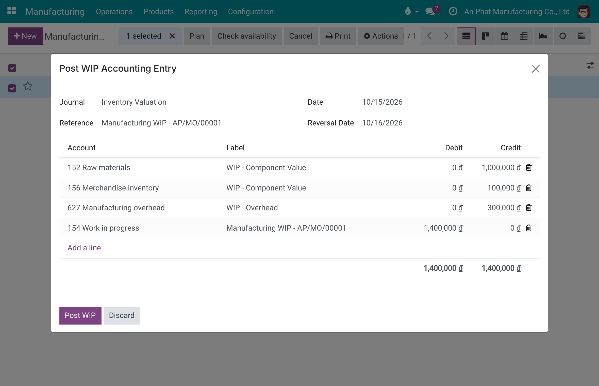 Post WIP Accounting Entry with one component credit on 152 Raw materials and one on 156 Merchandise inventory, overhead on 627 and the debit on 154 Work in progress