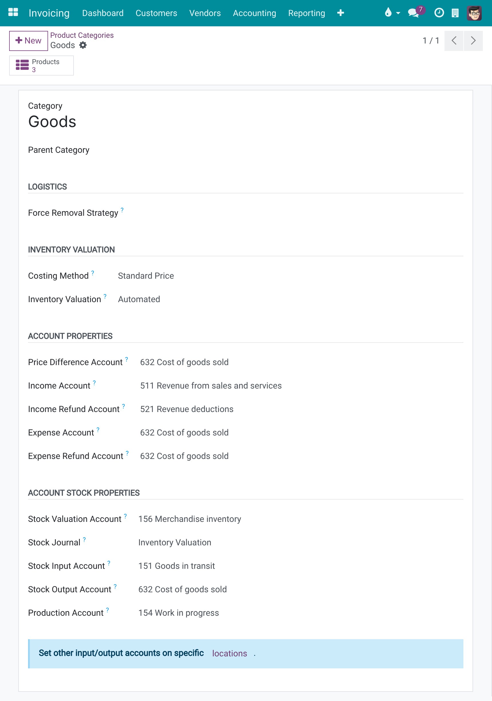 Product category Goods at Standard Price with Price Difference Account 632 Cost of goods sold