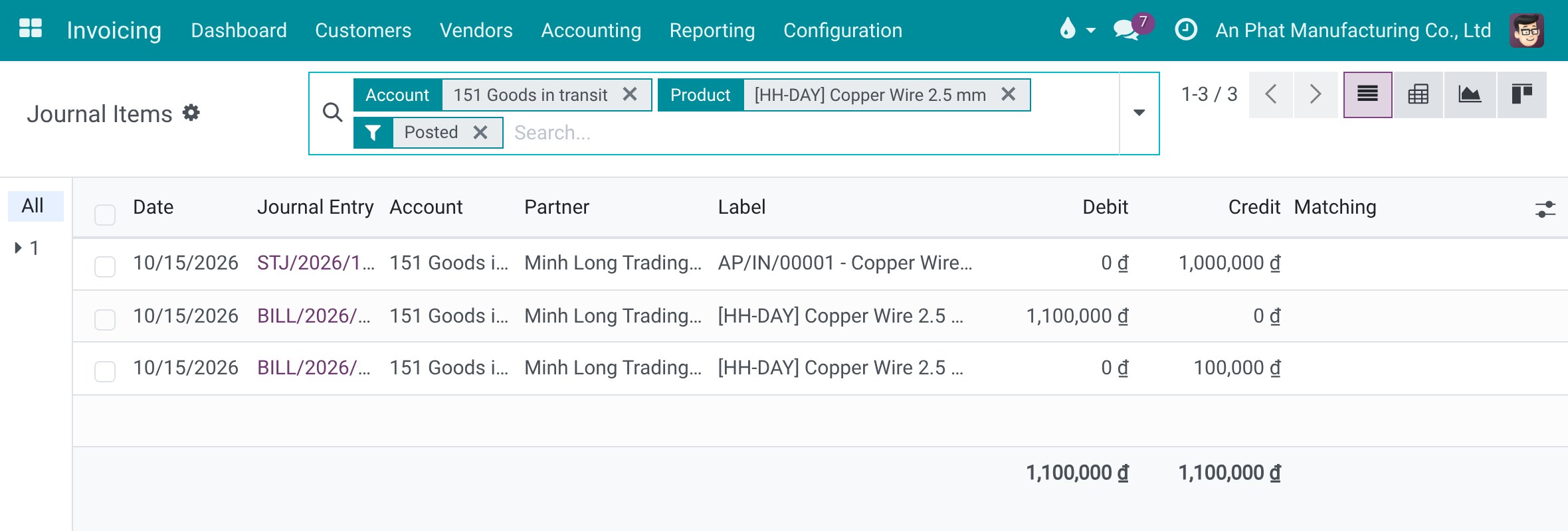 Journal items of account 151 for one product: receipt and vendor bill lines with total debit equal to total credit
