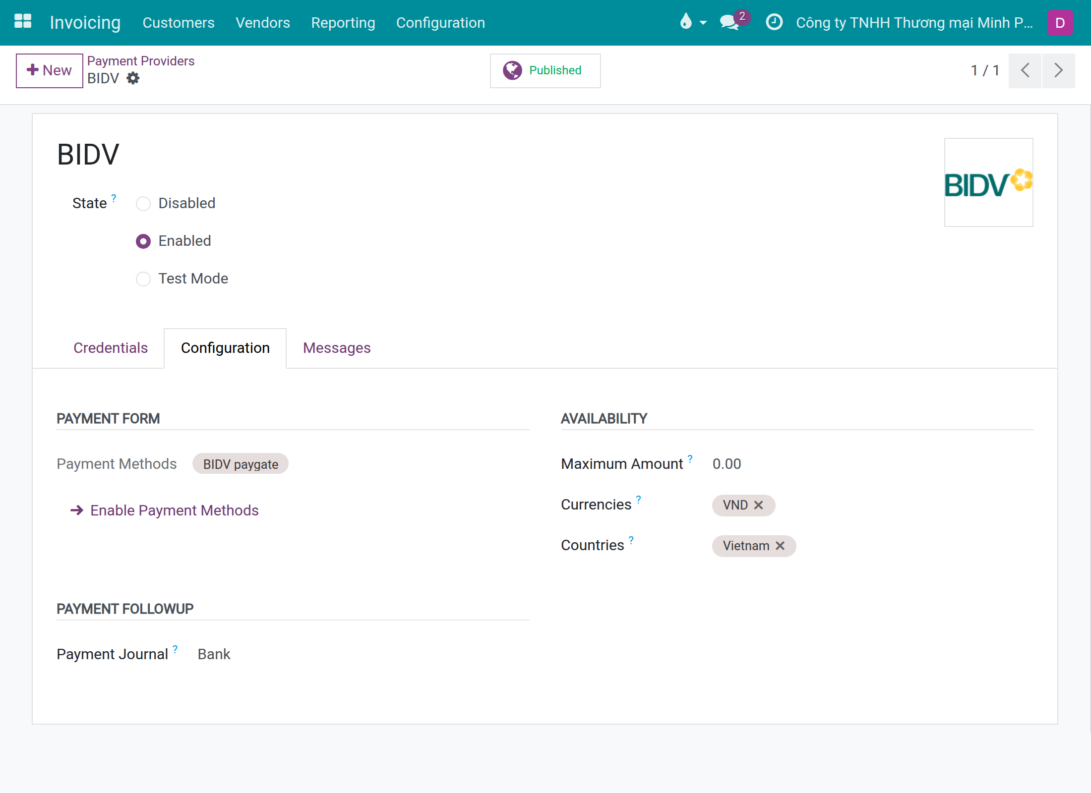 BIDV payment provider form, enabled and published, with the Bank payment journal in the Configuration tab
