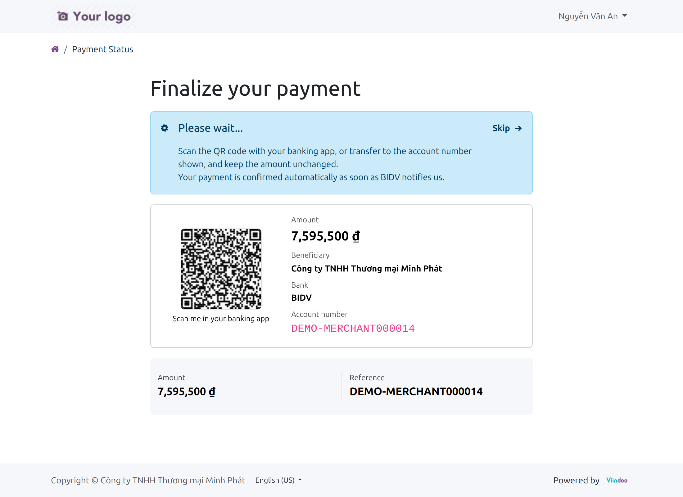Finalize your payment page after choosing BIDV: a QR code, the amount in VND, the beneficiary, the bank and the payment account number