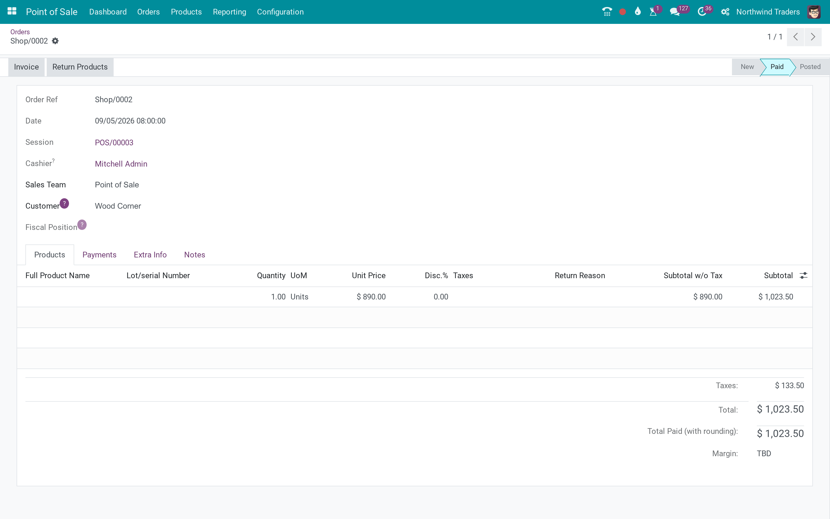 A delivery order from the POS screen