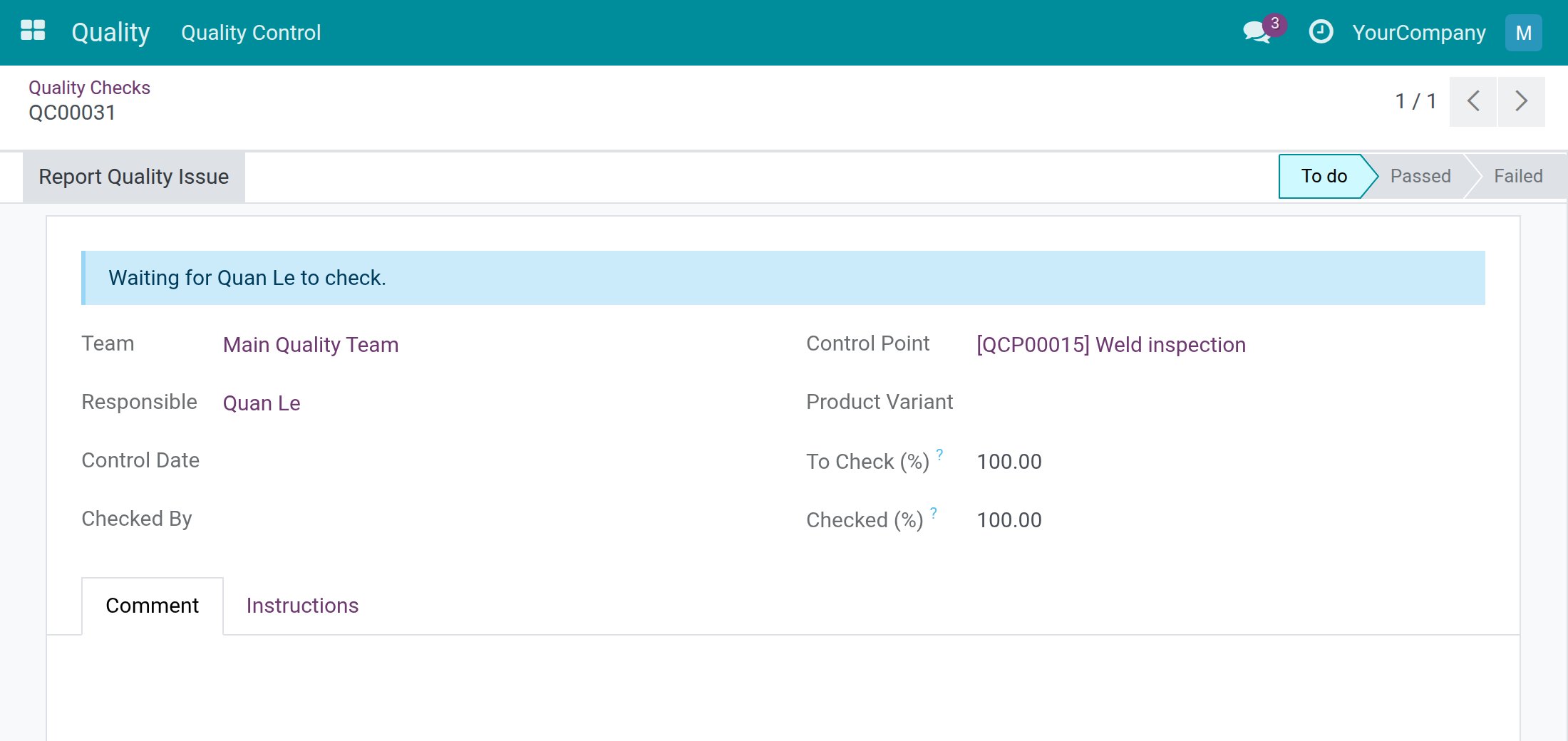 A quality check opened by someone who is not its Responsible, showing the waiting message and the Responsible field