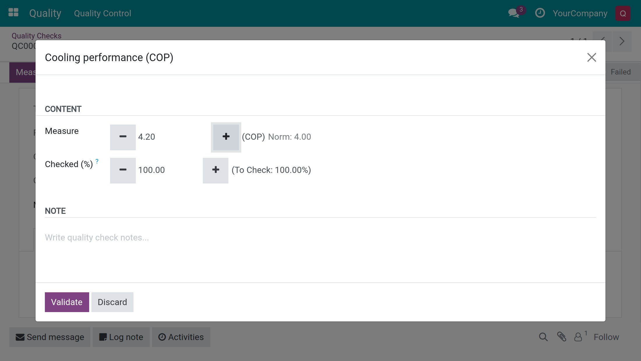 The touch check dialog on a Measure check, with the norm and plus and minus buttons