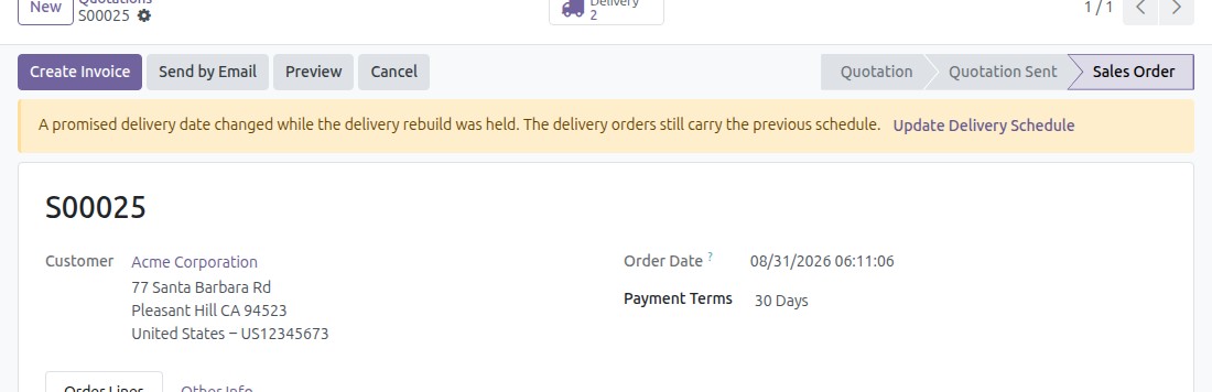 The delivery re-plan banner on a confirmed sales order