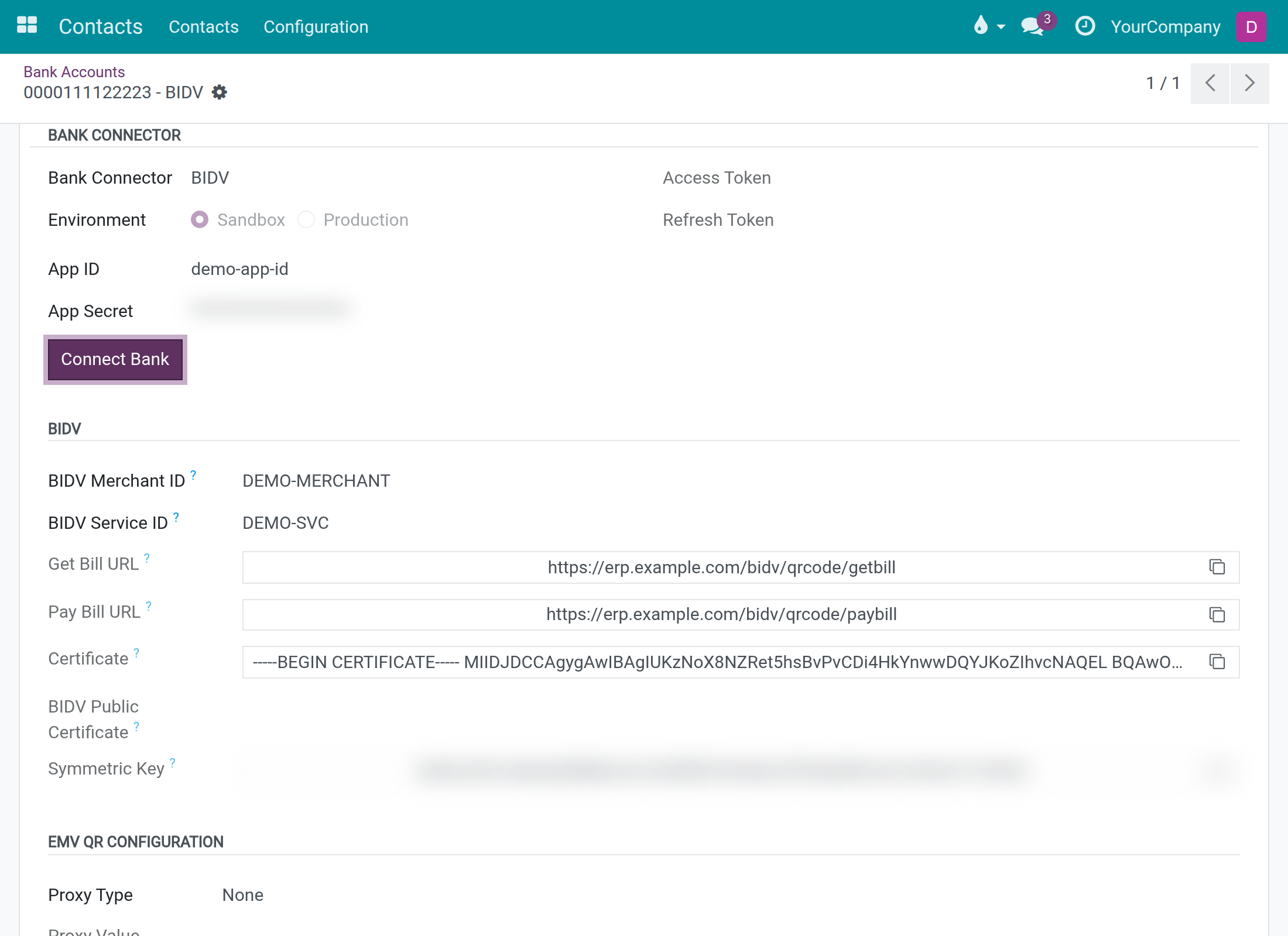 Company bank account with BIDV chosen: the Bank Connector section with environment, App ID and a blurred App Secret, and the BIDV section with Merchant ID, Service ID, Get Bill URL, Pay Bill URL, certificate and a blurred symmetric key