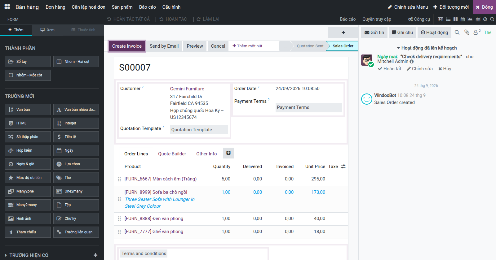 Viindoo Customizer đang chỉnh sửa form Đơn bán hàng
