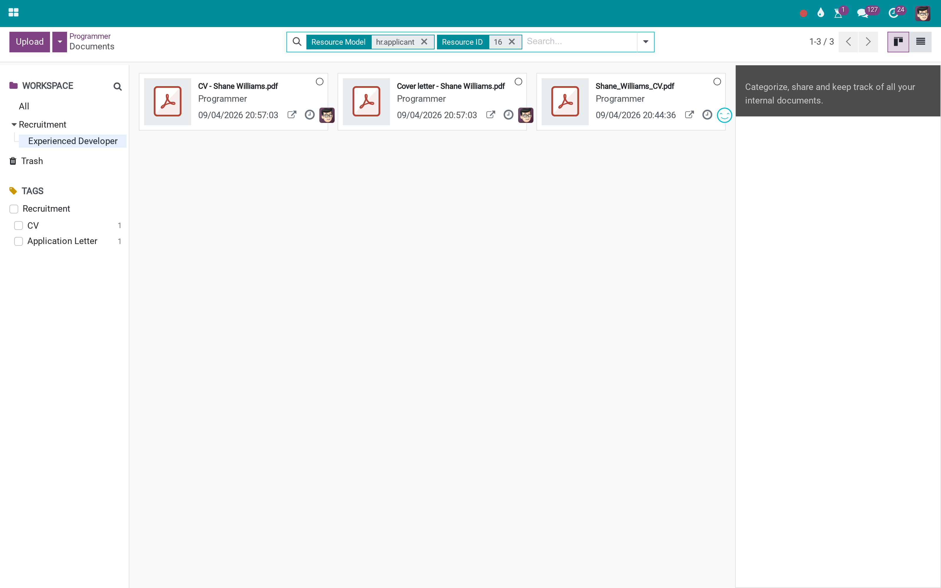 CVs and cover letters filed in a Recruitment workspace per job