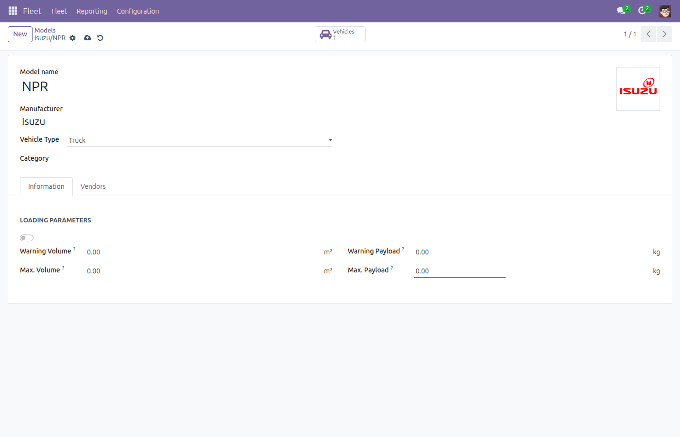 Vehicle model form open on the Information tab, Loading Parameters group at defaults