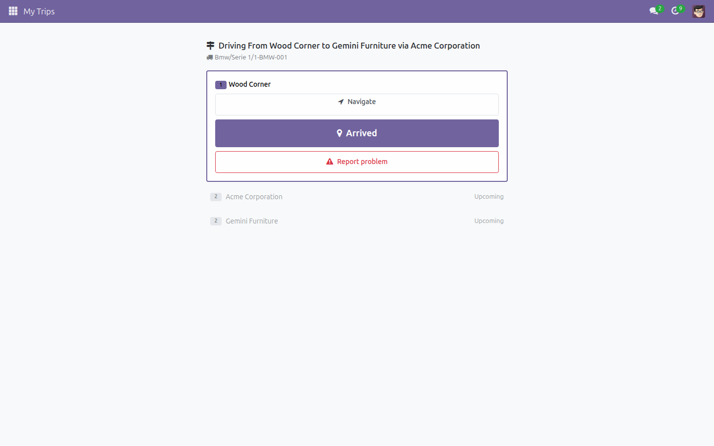 My Trips after starting the trip - stop 1 active with Navigate, Arrived and Report problem