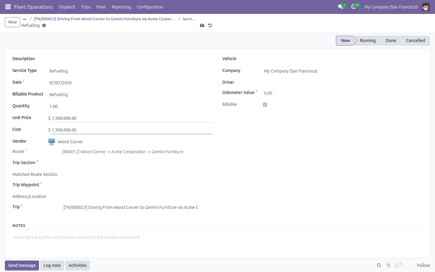 New vehicle service form with Service Type, Vendor and cost filled in, Route auto-filled from the trip
