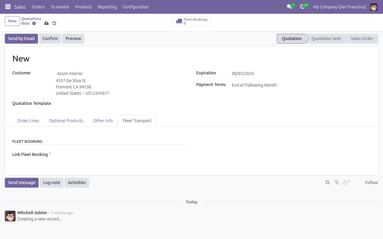 Fleet Transport tab visible on the quotation, order still in Quotation status