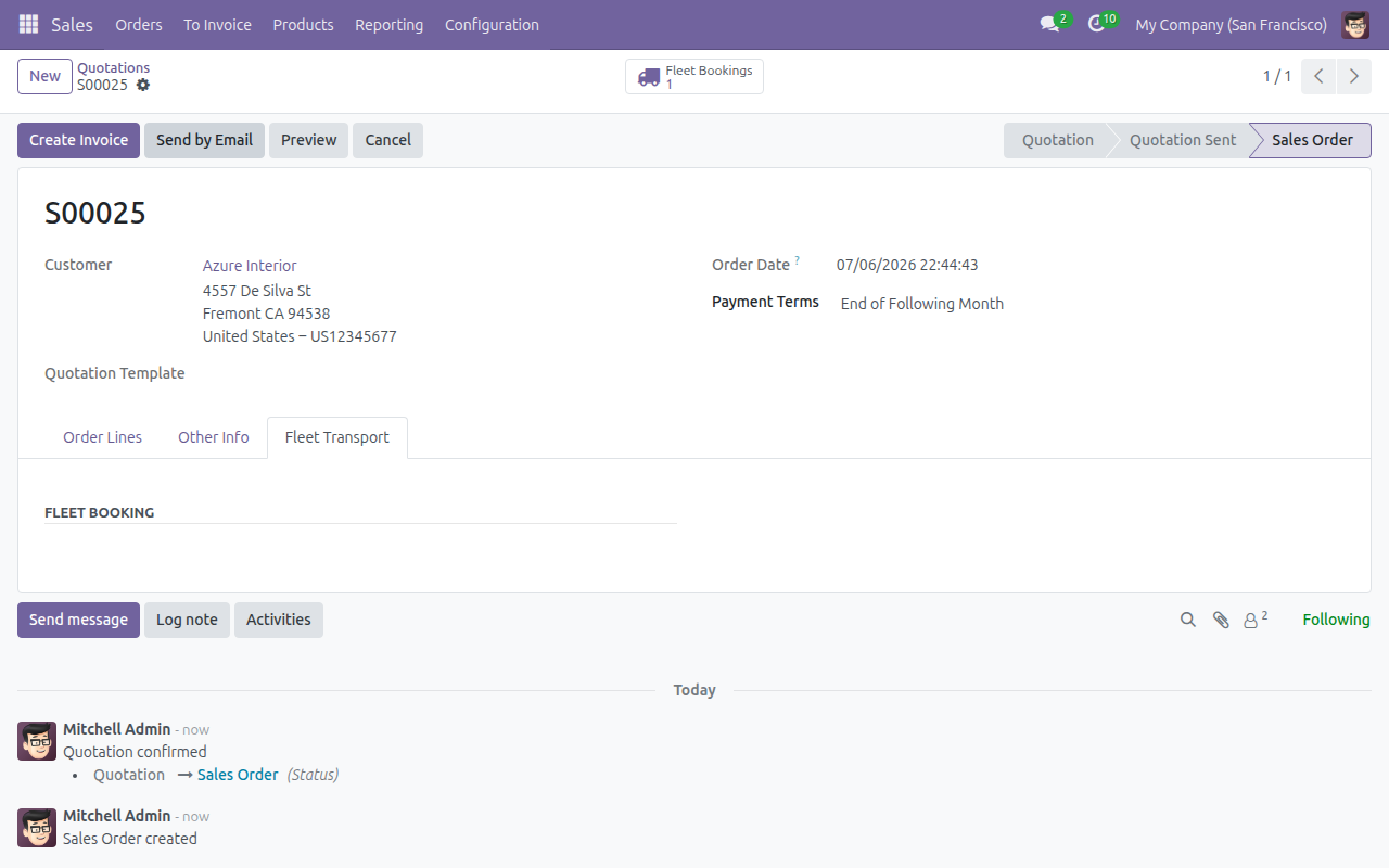 Order confirmed, Fleet Bookings smart button showing count 1