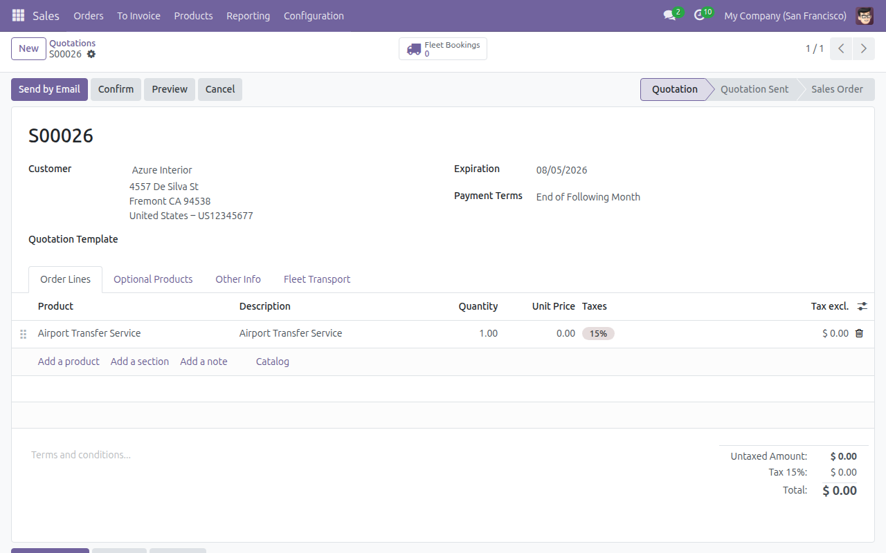 Draft quotation for Azure Interior with a Fleet Transport line