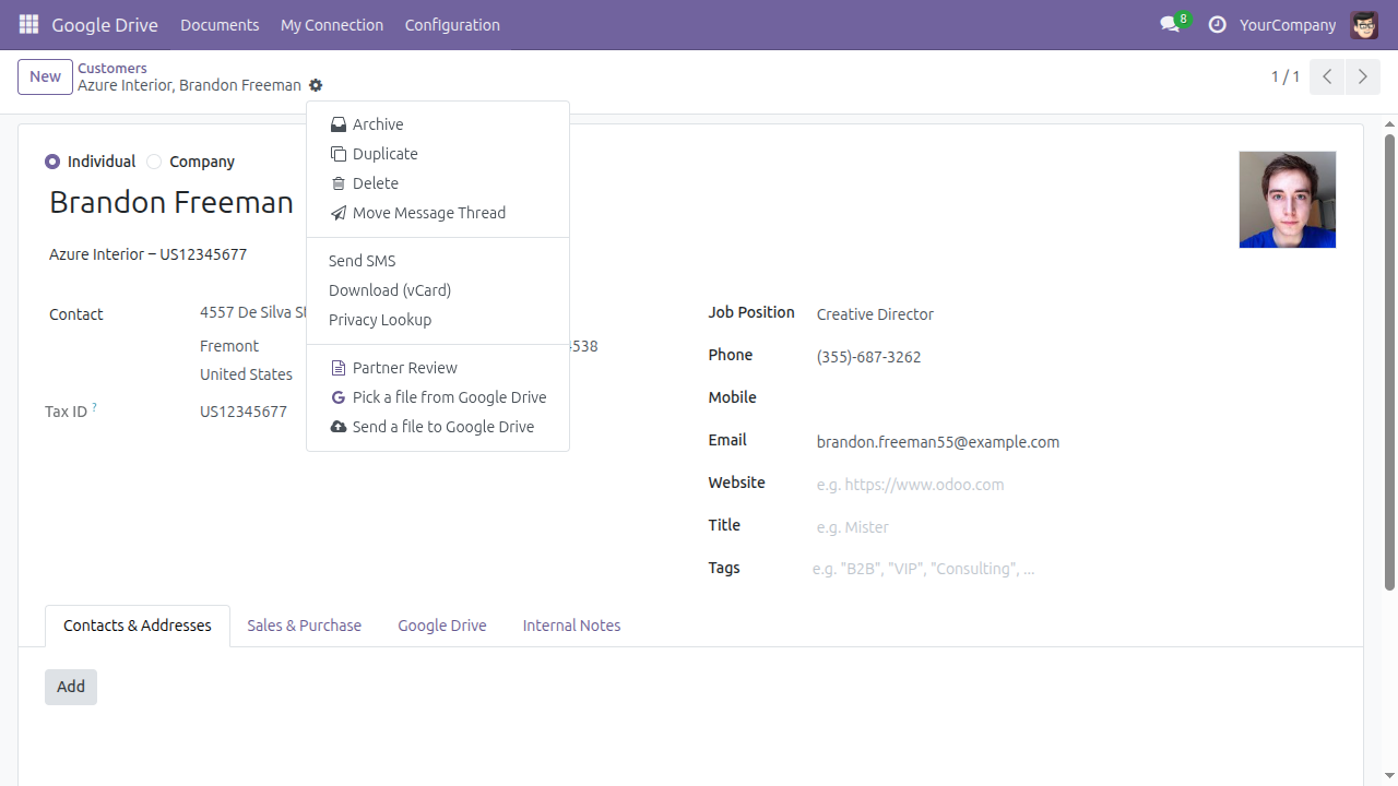 The Actions menu on an individual contact, where the company-only template is absent