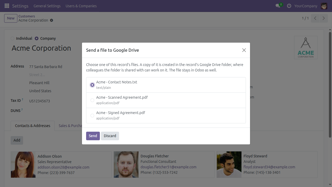 The Send a file to Google Drive dialog in Odoo, listing the record's own attachments as a chooser with a Send button