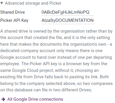 The Advanced storage and Picker section of the Odoo Google Drive settings, opened to show the Shared Drive and Picker API Key fields