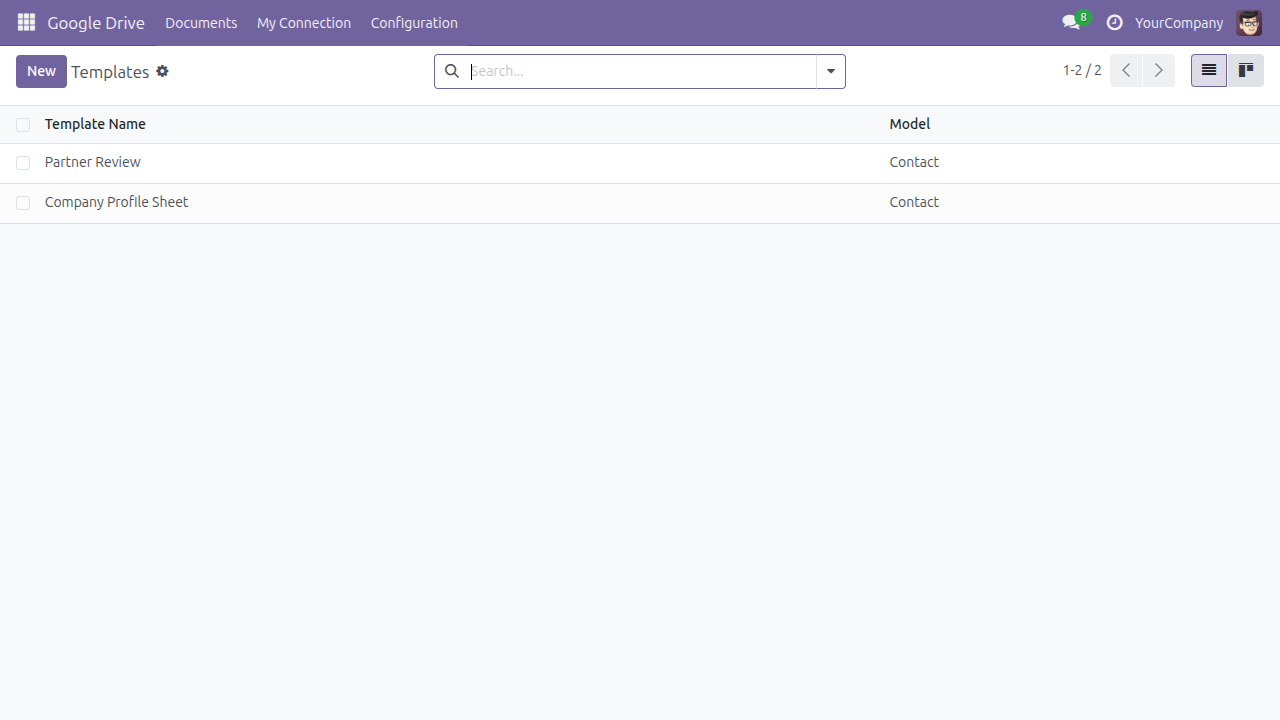 The Templates list in the Odoo Google Drive app, showing two registered templates and the model each applies to