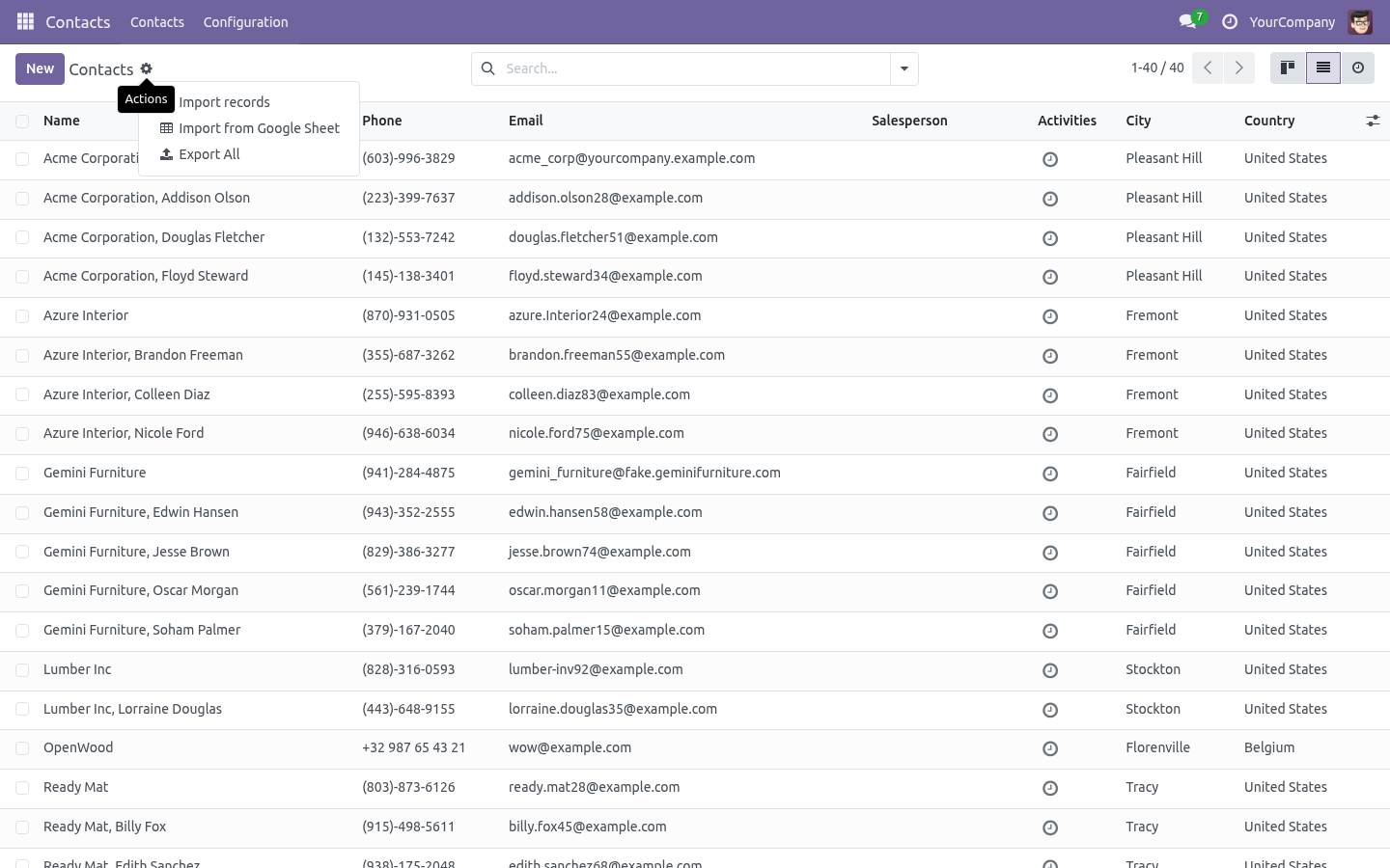 The cog menu of the Contacts list with the Import from Google Sheet entry right under Import records.