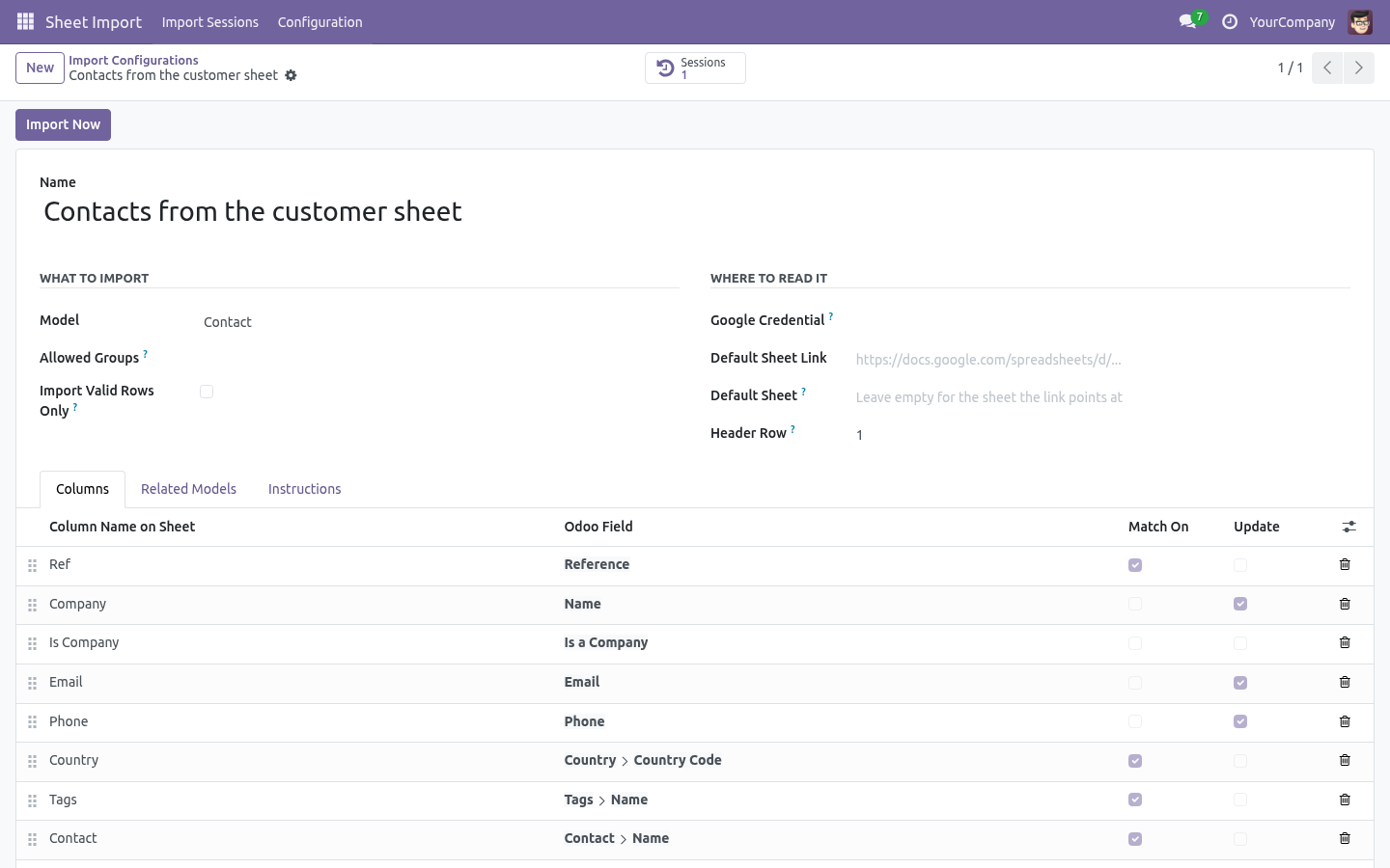 The Columns list of an import configuration: each sheet column mapped onto an Odoo field, with the Match On and Update flags.