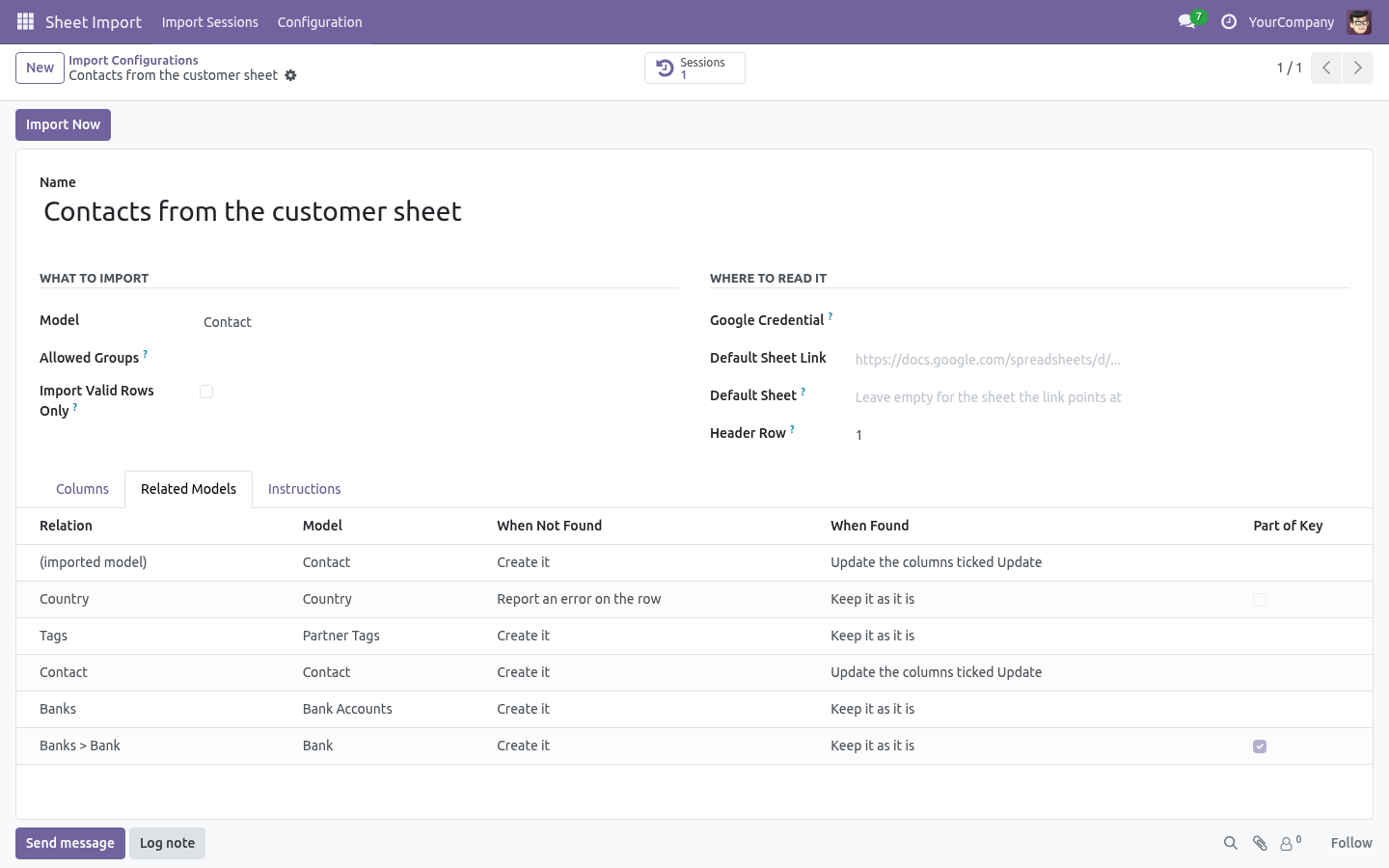 The Related Models list of an import configuration: the imported model and every related model with its When Not Found and When Found policy.