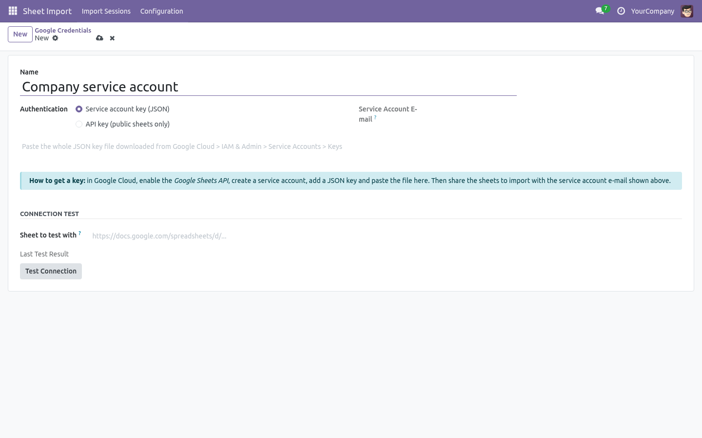 The Google credential form: service account key or API key, the service account e-mail to share sheets with, and a connection test.