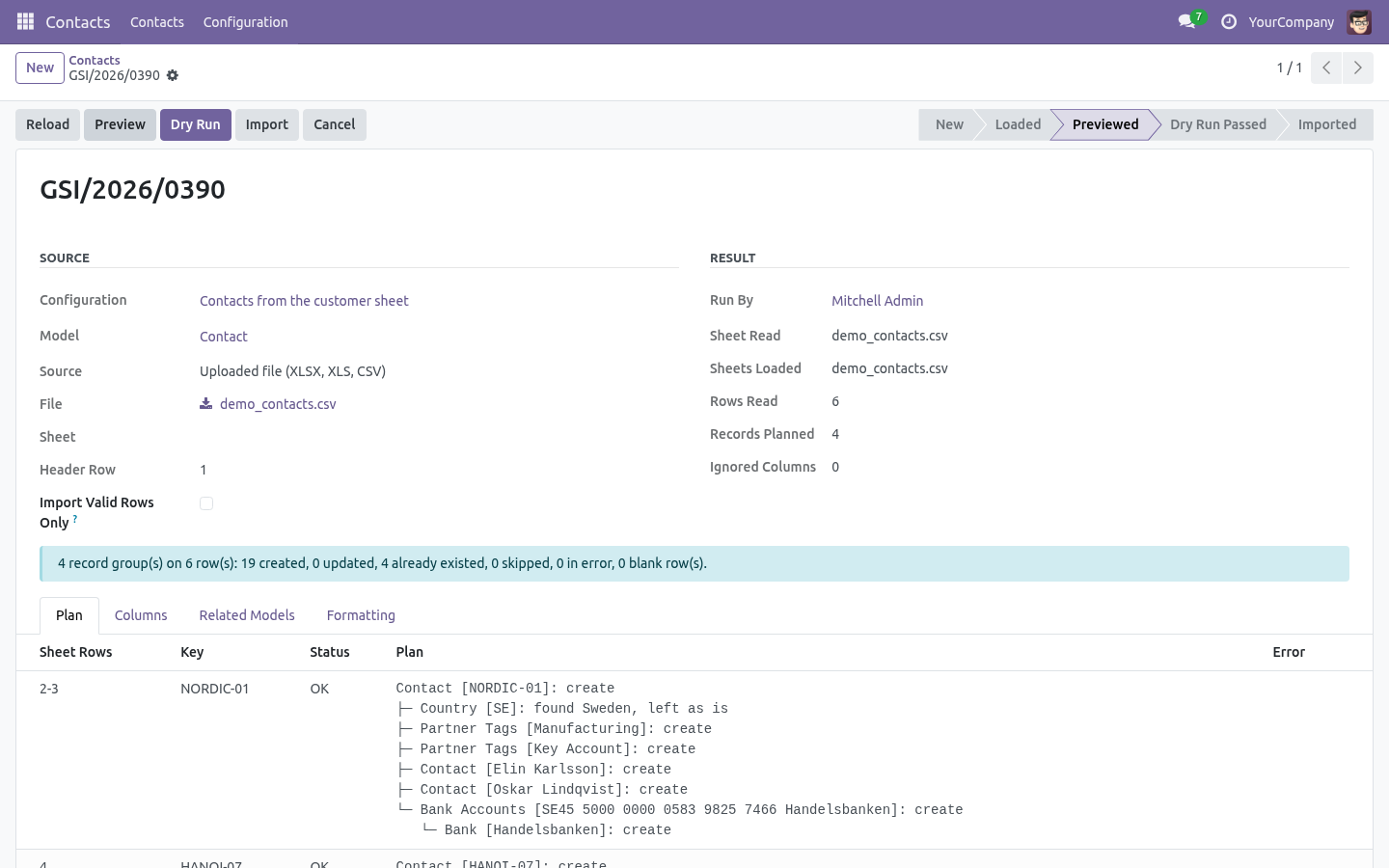 The preview of an import session: for each group of sheet rows, the plan lists the company to create, the country and tags it found, the contact people and bank account it will create.